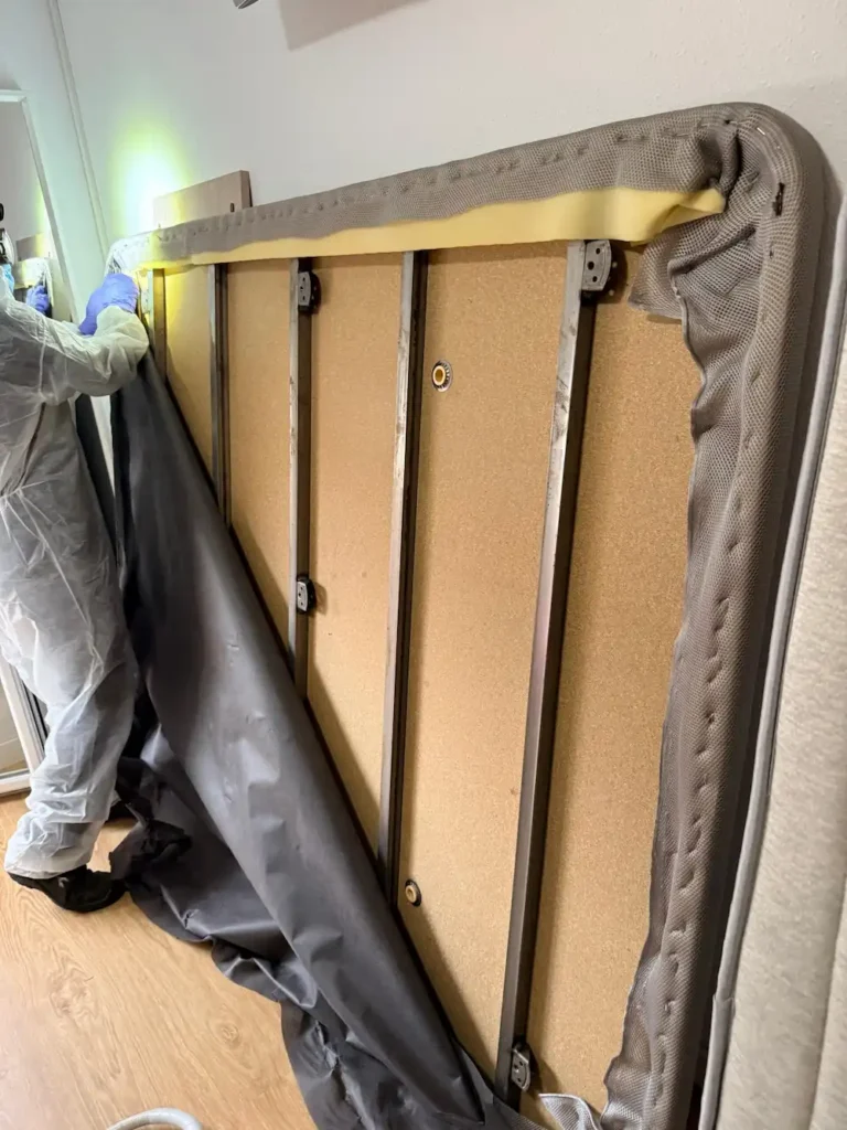 Inspección debajo de la tela protectora del somier