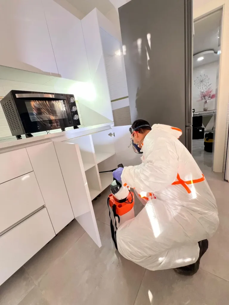 Aplicación de tratamiento contra cucarachas dentro de los armarios