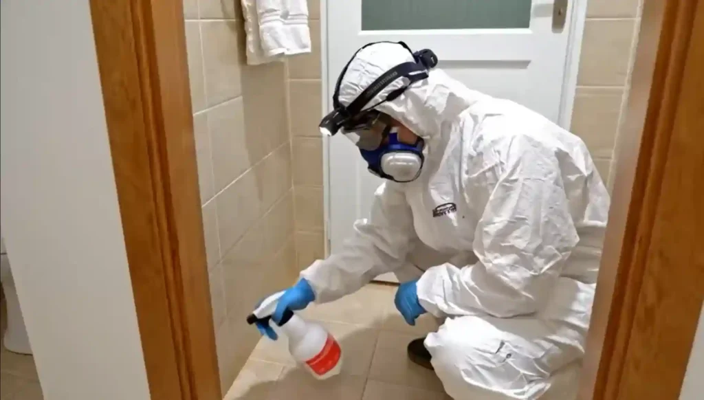 exterminador aplicando solución para tratar insectos