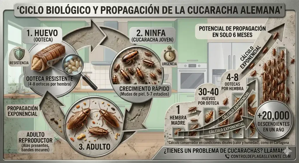 Primer plano de una infestación masiva de cucarachas alemanas apiñadas dentro de una grieta oscura en la pared de una cocina. Se aprecian decenas de adultos y ninfas de varios tamaños correteando juntas.