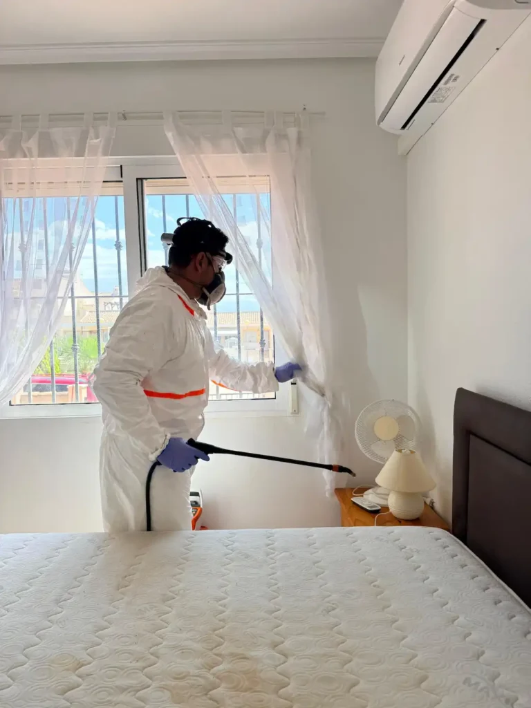 Técnico profesional con EPI realizando la desinfección y limpieza de excrementos de ratas de una vivienda de Orihuela costa